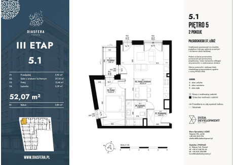 Mieszkanie na sprzedaż - al. Piłsudskiego Śródmieście, Łódź, 52,07 m², 697 738 PLN, NET-59245