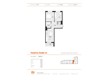 Mieszkanie na sprzedaż - Piasta Kołodzieja Os. Mistrzejowice Nowe, Mistrzejowice, Kraków, 56,19 m², 764 184 PLN, NET-52